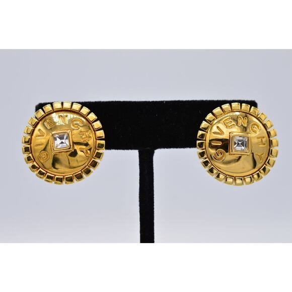 Givenchy Vintage Logo Earrings Crystal Block Letter Button Gold Signed 80s BinAF - Picture 1 of 12